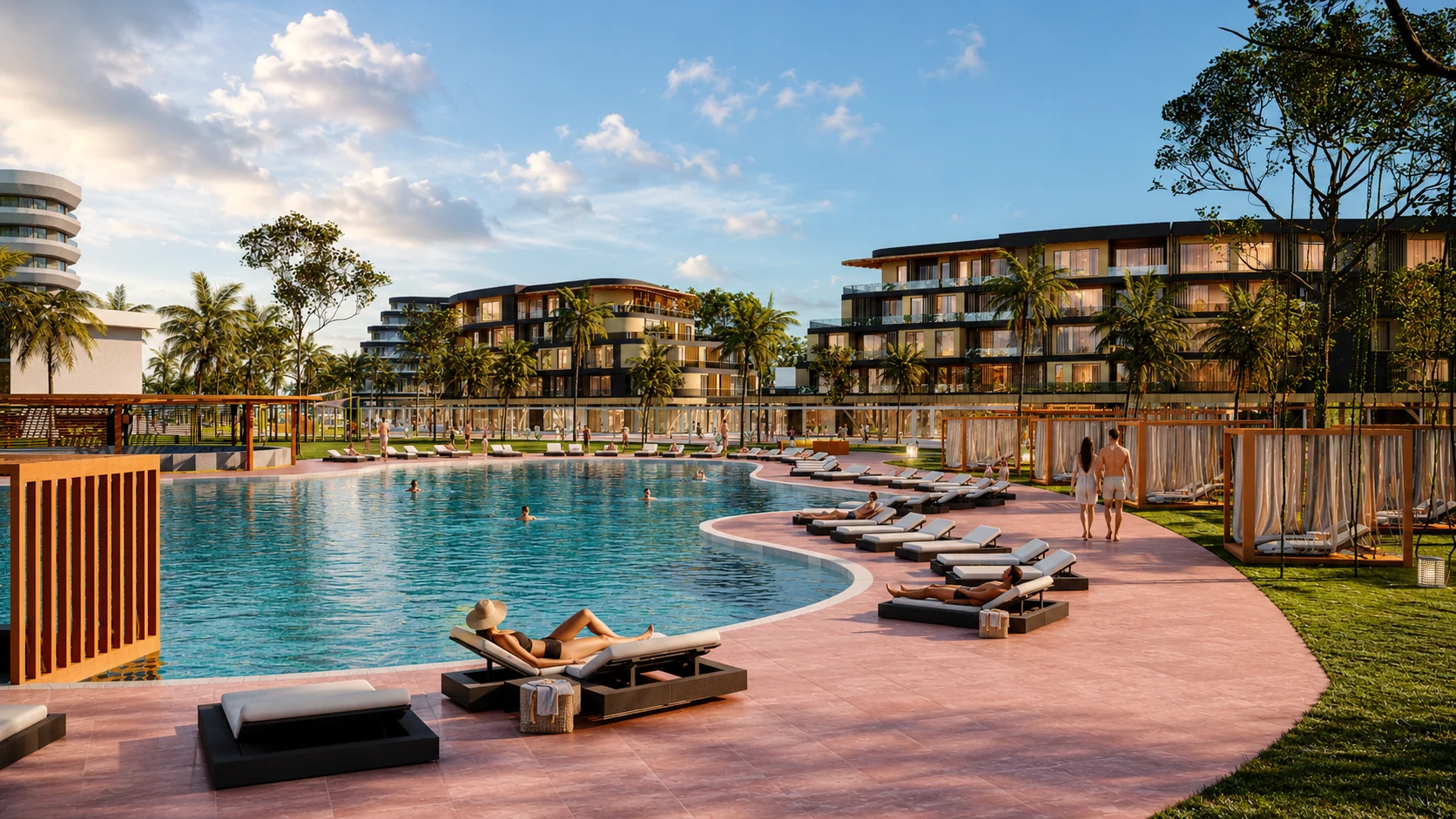 The curved pool terrace, loungers and surrounding Faro residences